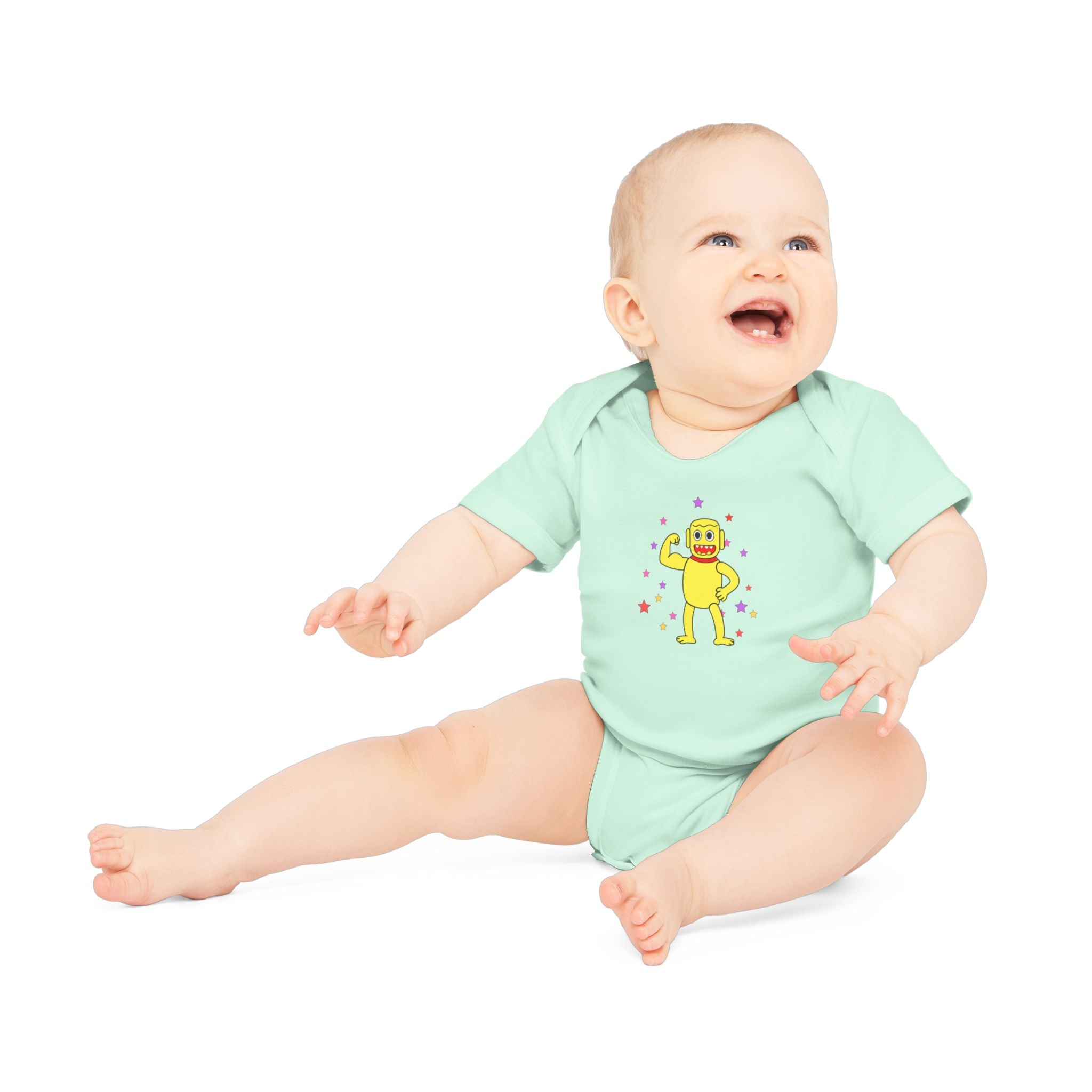 Cute Yellow Robot Baby Bodysuit — Organic Short Sleeve Onesie
