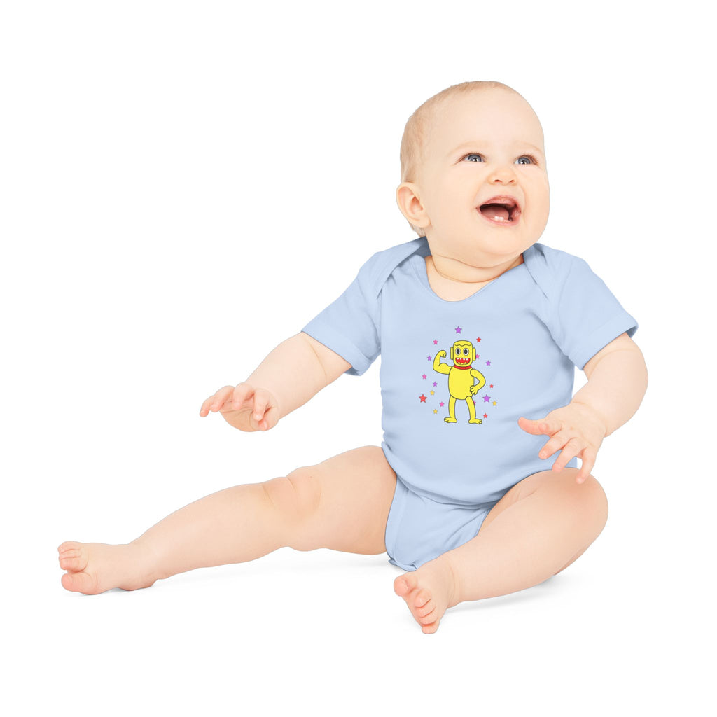 Cute Yellow Robot Baby Bodysuit — Organic Short Sleeve Onesie