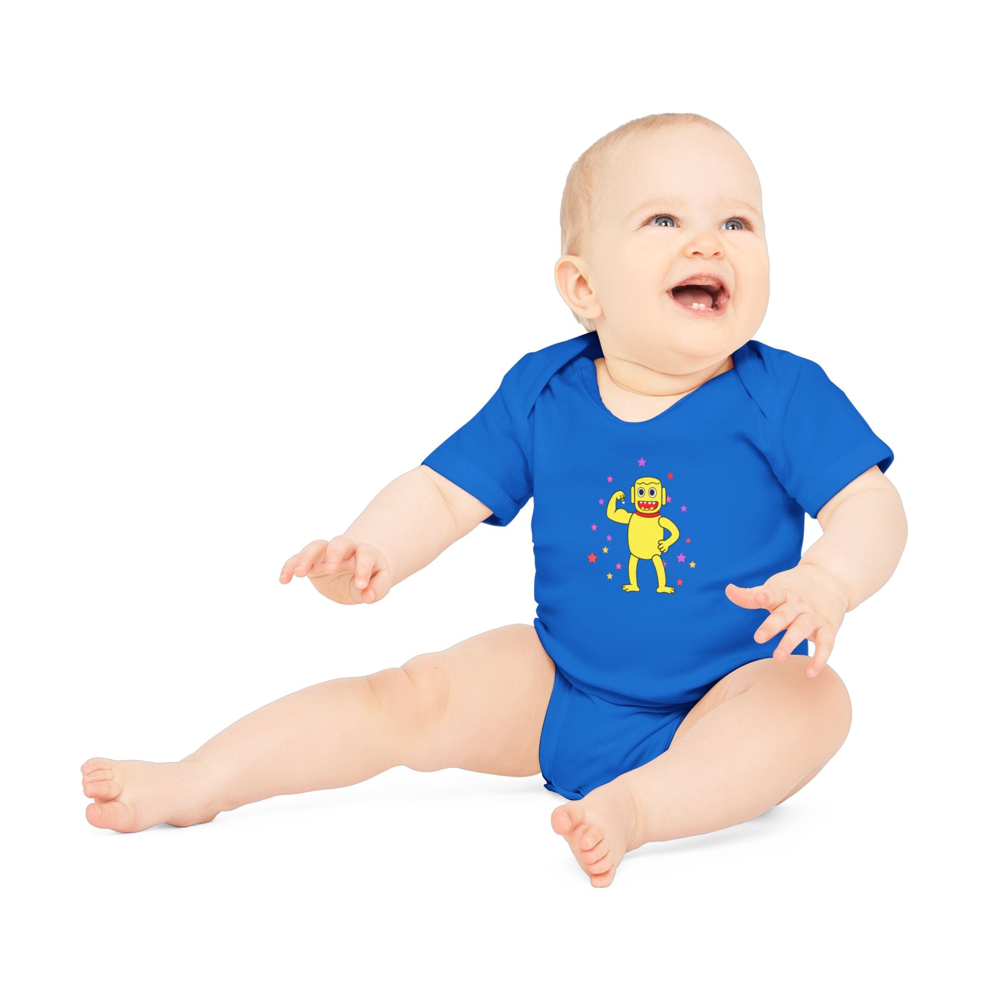 Cute Yellow Robot Baby Bodysuit — Organic Short Sleeve Onesie