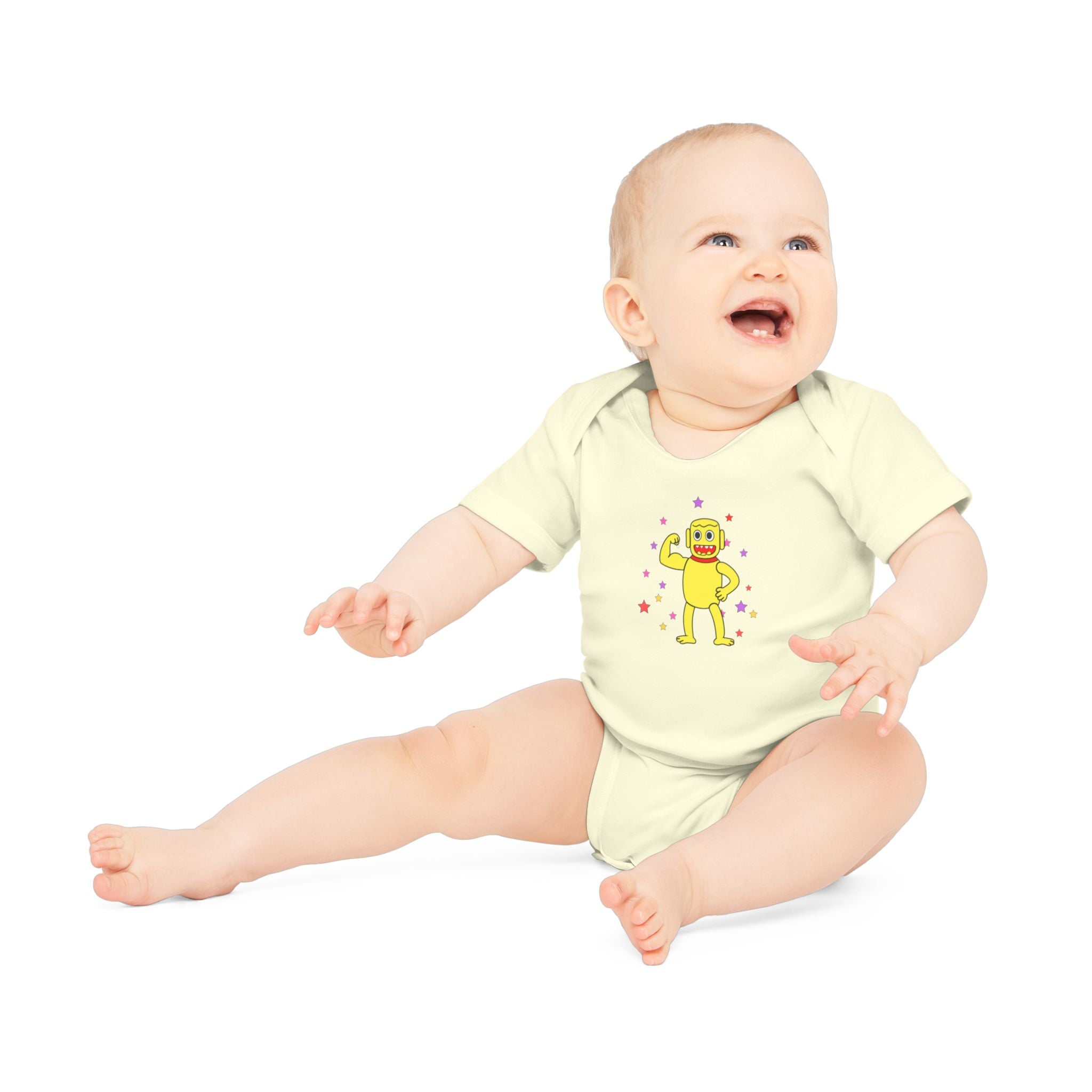 Cute Yellow Robot Baby Bodysuit — Organic Short Sleeve Onesie