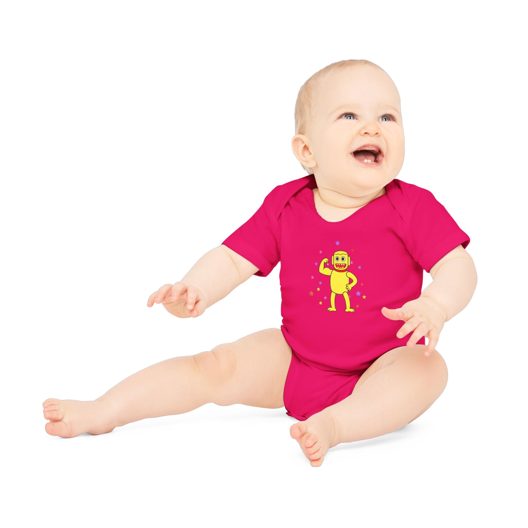 Cute Yellow Robot Baby Bodysuit — Organic Short Sleeve Onesie