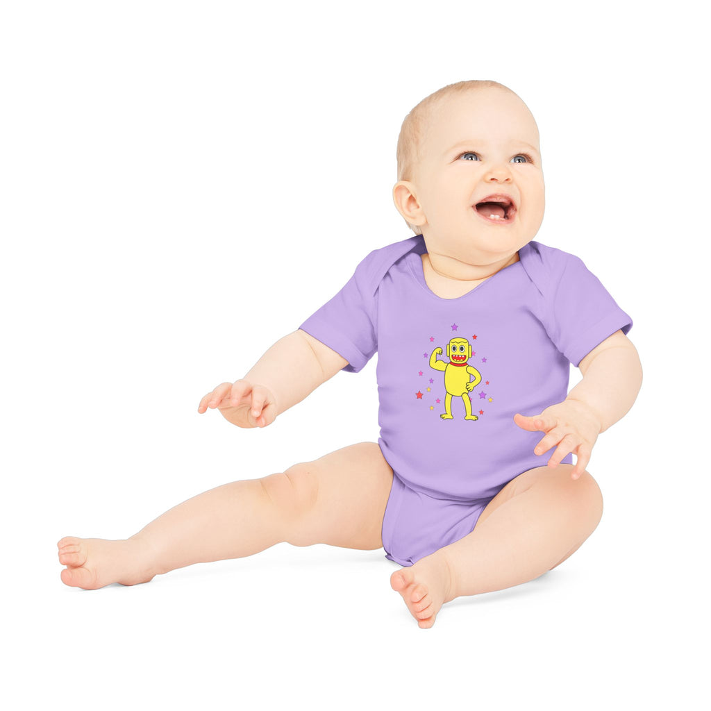 Cute Yellow Robot Baby Bodysuit — Organic Short Sleeve Onesie