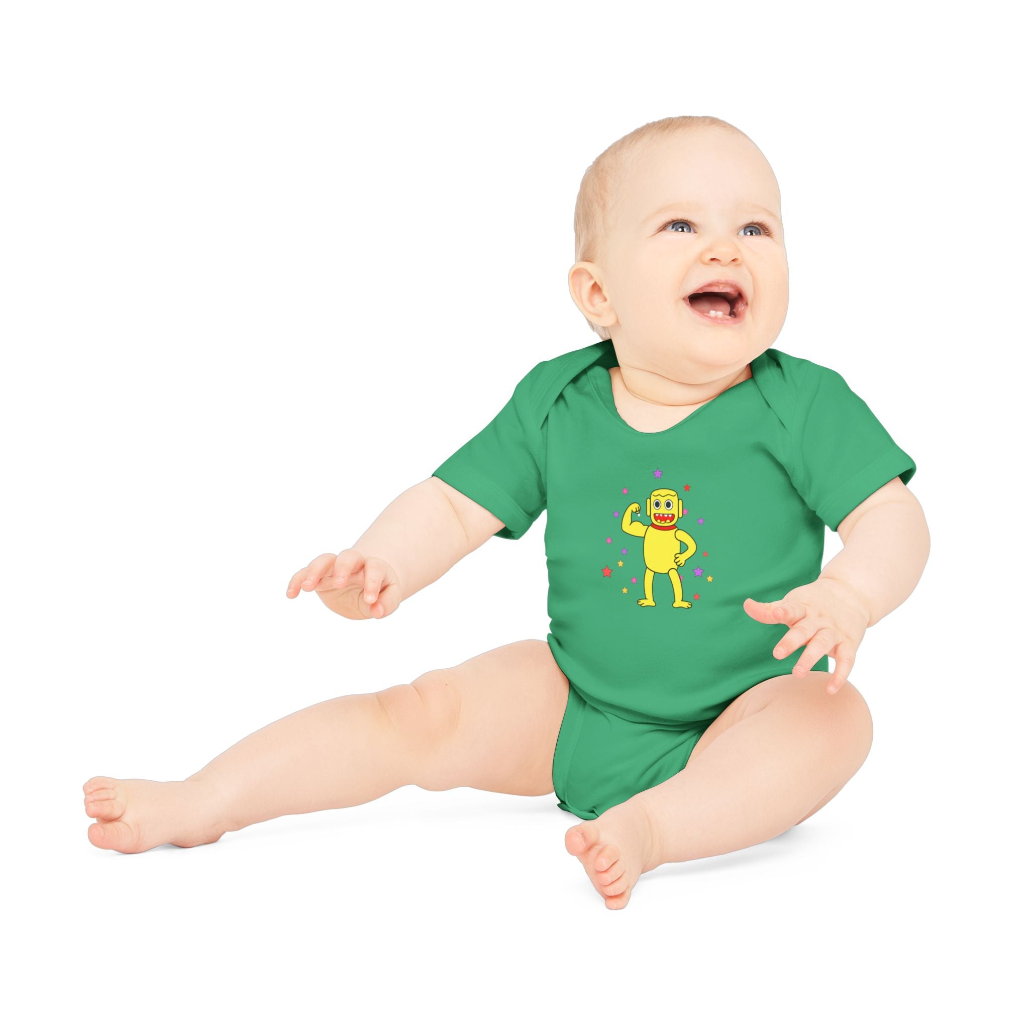 Cute Yellow Robot Baby Bodysuit — Organic Short Sleeve Onesie