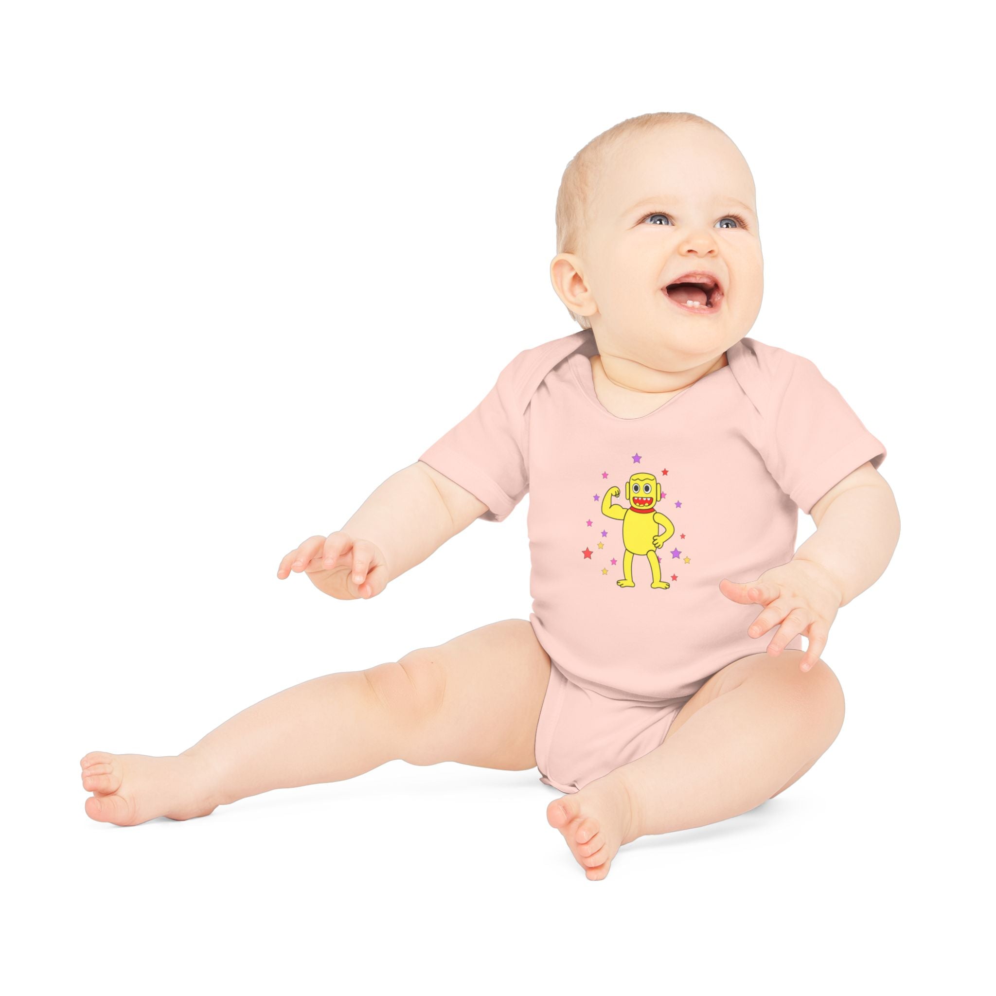 Cute Yellow Robot Baby Bodysuit — Organic Short Sleeve Onesie