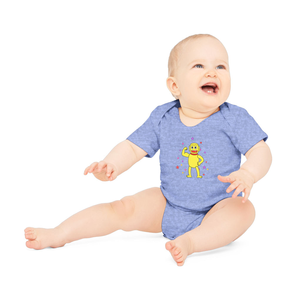Cute Yellow Robot Baby Bodysuit — Organic Short Sleeve Onesie