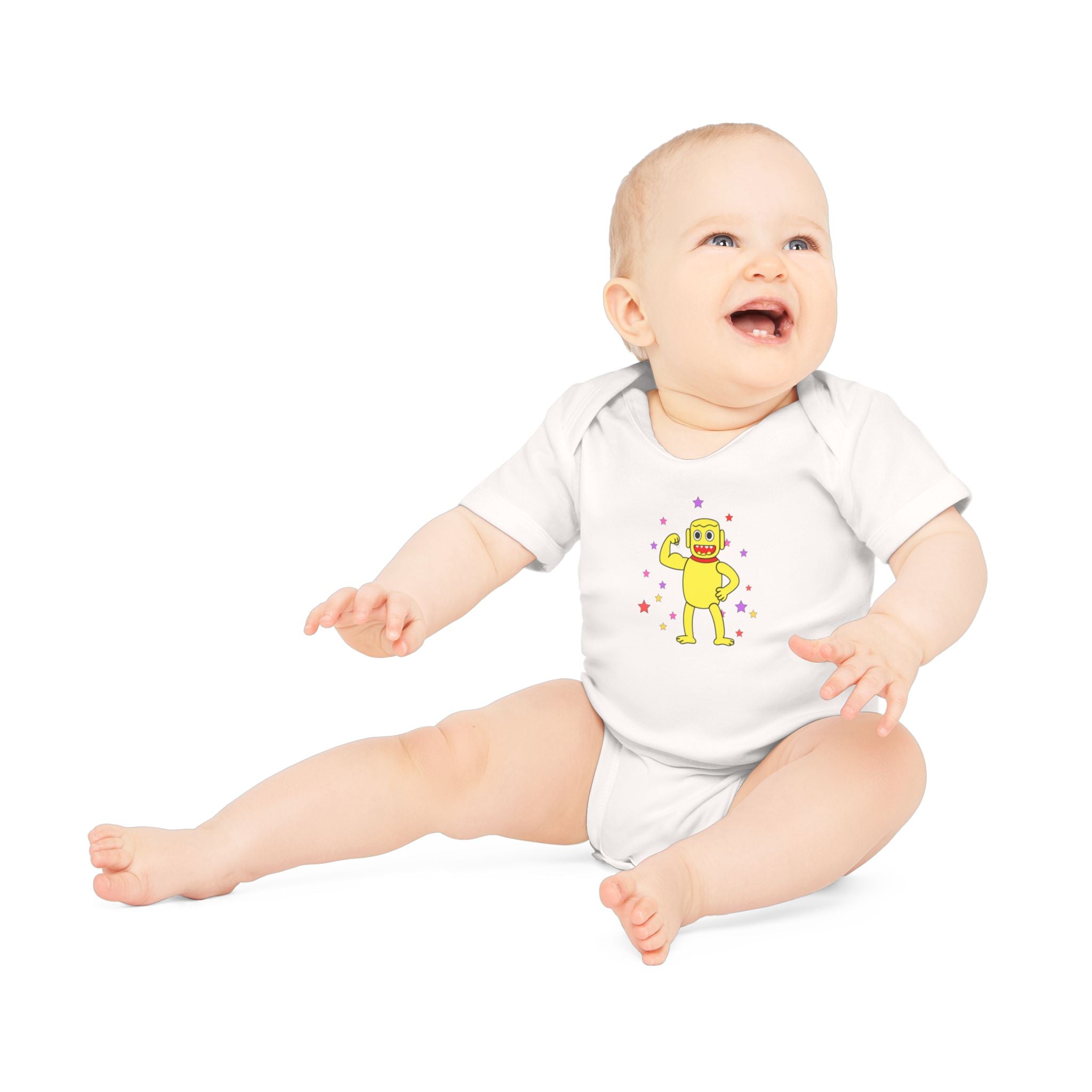 Cute Yellow Robot Baby Bodysuit — Organic Short Sleeve Onesie