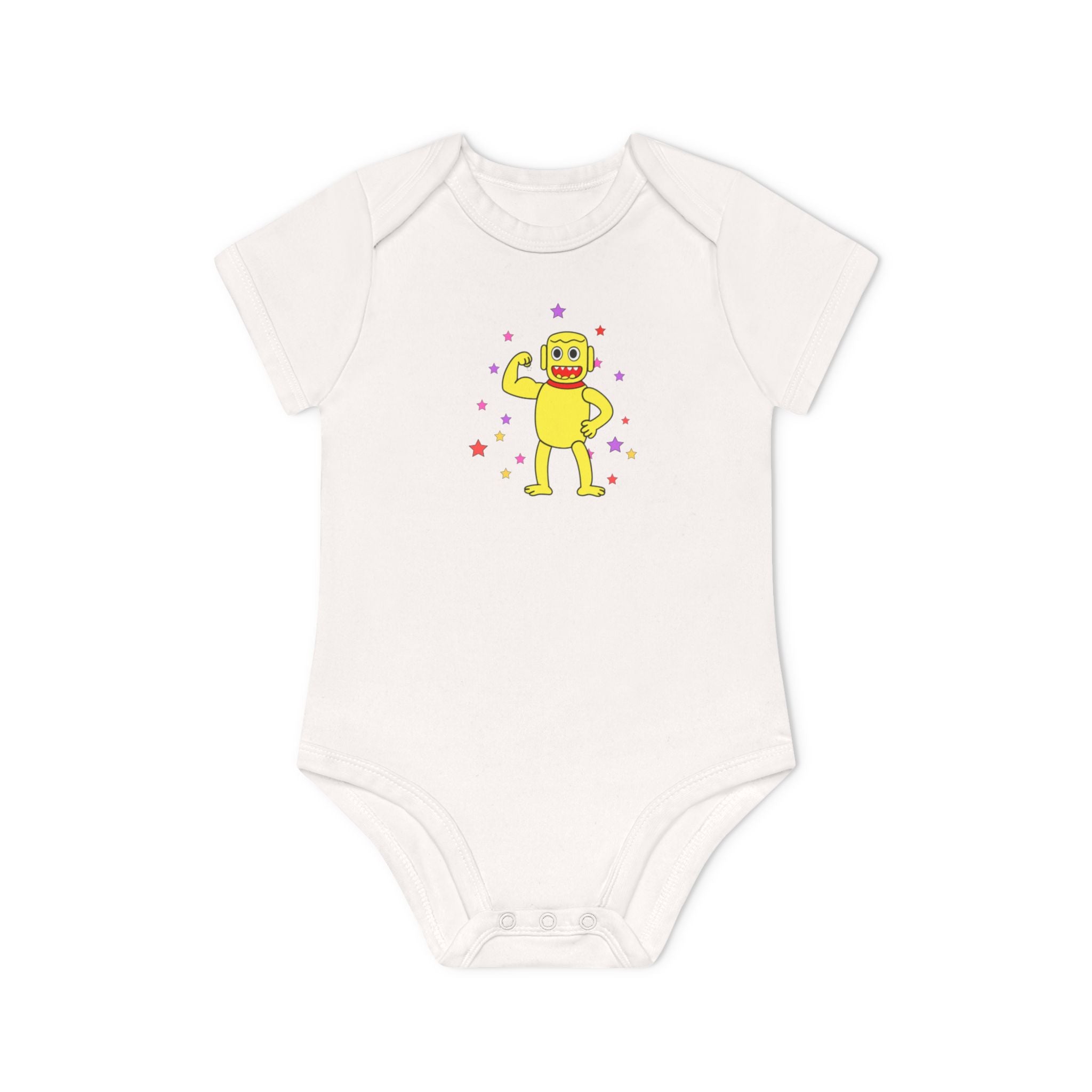 Cute Yellow Robot Baby Bodysuit — Organic Short Sleeve Onesie