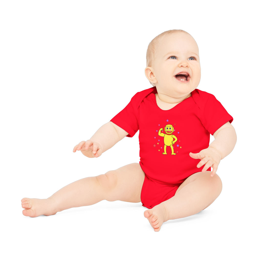 Cute Yellow Robot Baby Bodysuit — Organic Short Sleeve Onesie