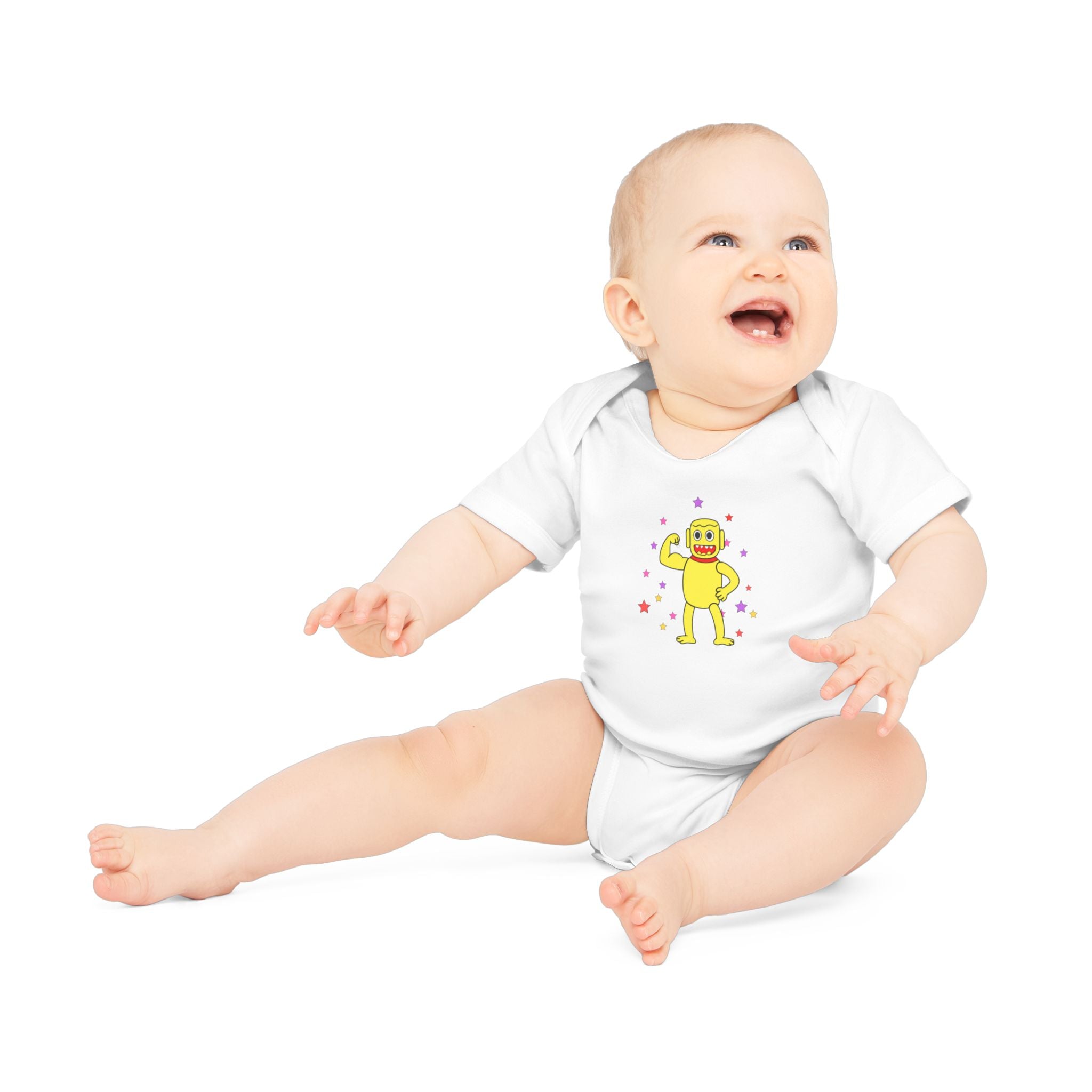 Cute Yellow Robot Baby Bodysuit — Organic Short Sleeve Onesie