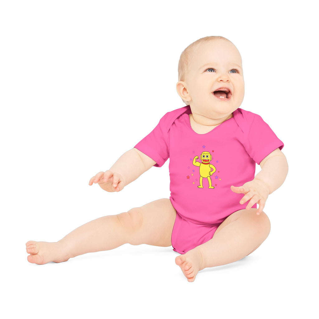 Cute Yellow Robot Baby Bodysuit — Organic Short Sleeve Onesie