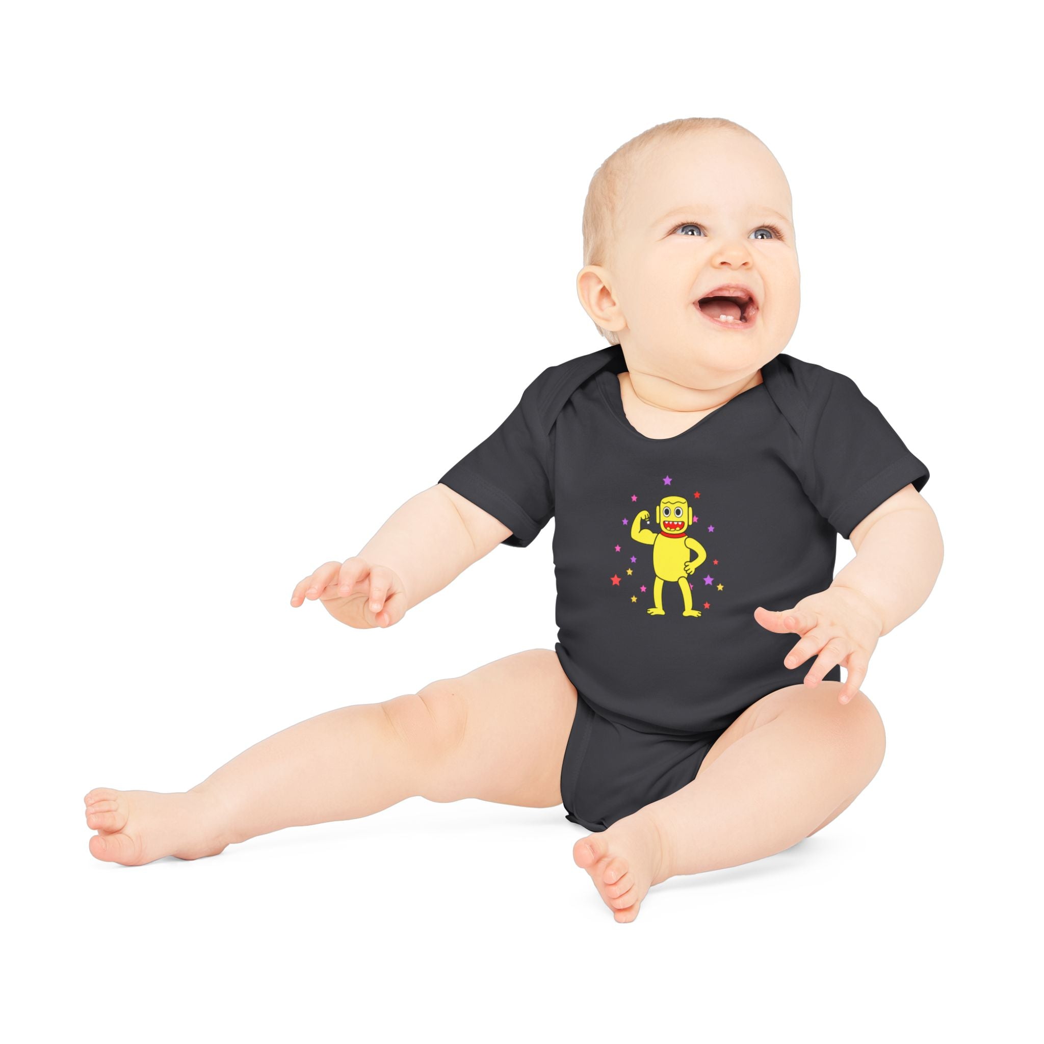 Cute Yellow Robot Baby Bodysuit — Organic Short Sleeve Onesie
