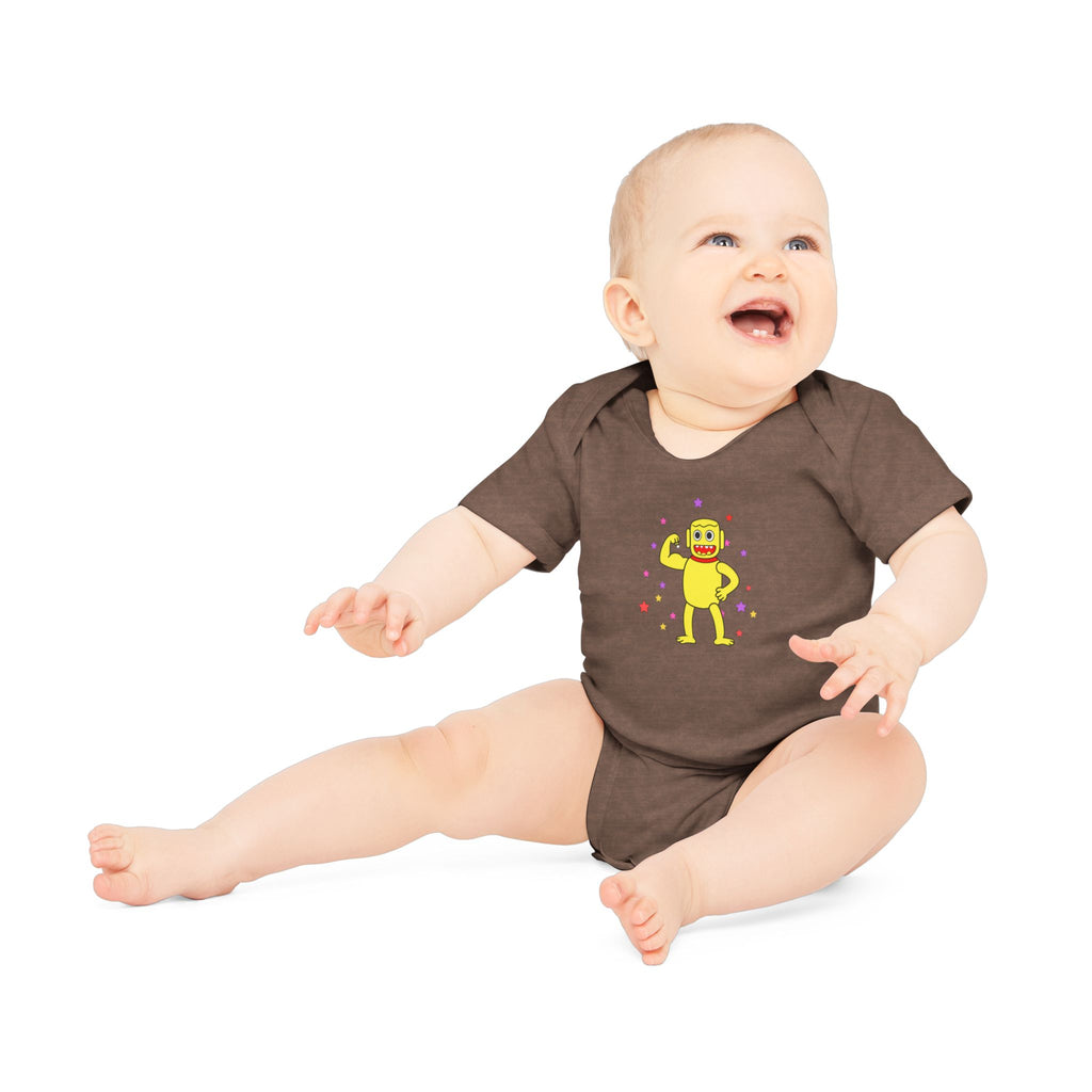 Cute Yellow Robot Baby Bodysuit — Organic Short Sleeve Onesie