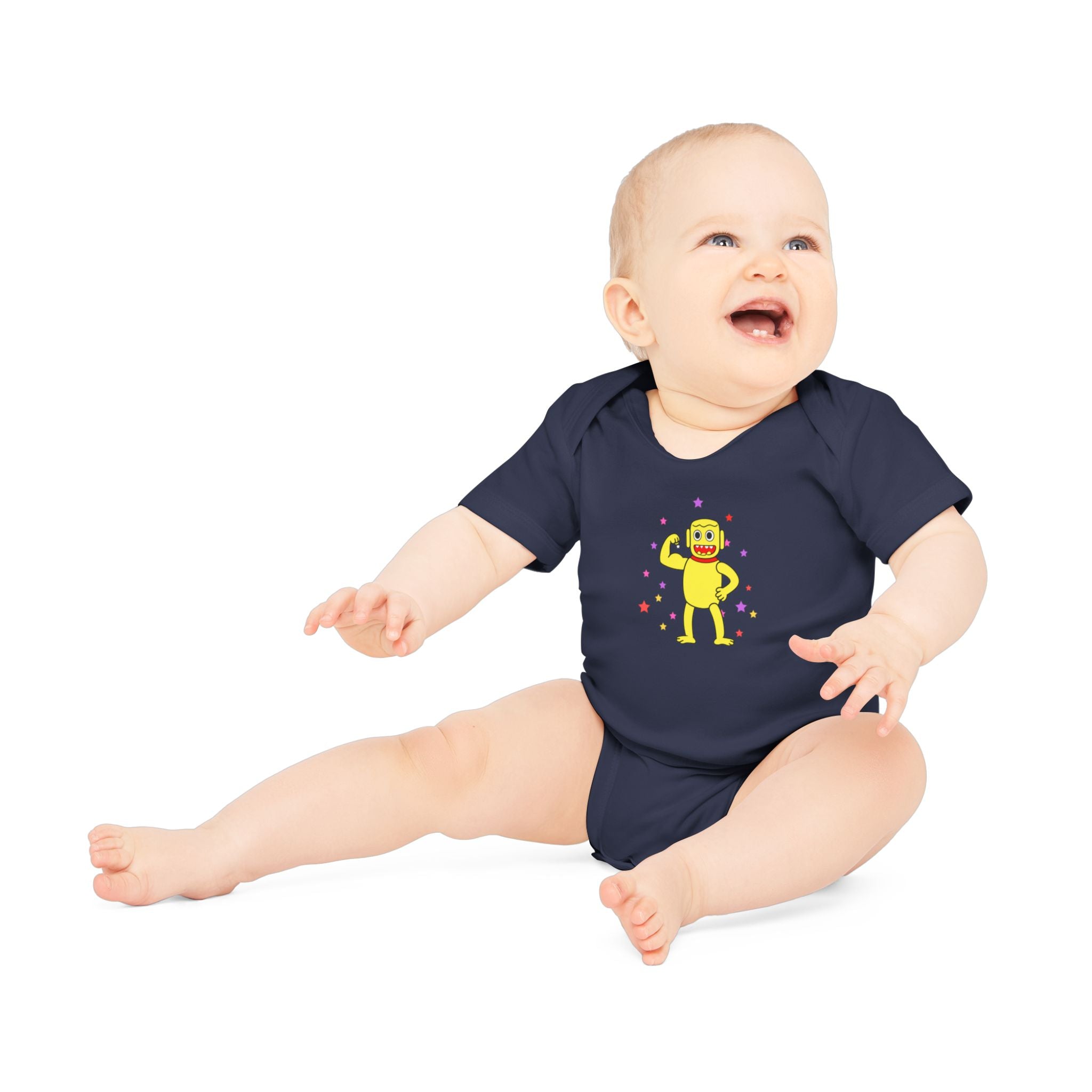 Cute Yellow Robot Baby Bodysuit — Organic Short Sleeve Onesie