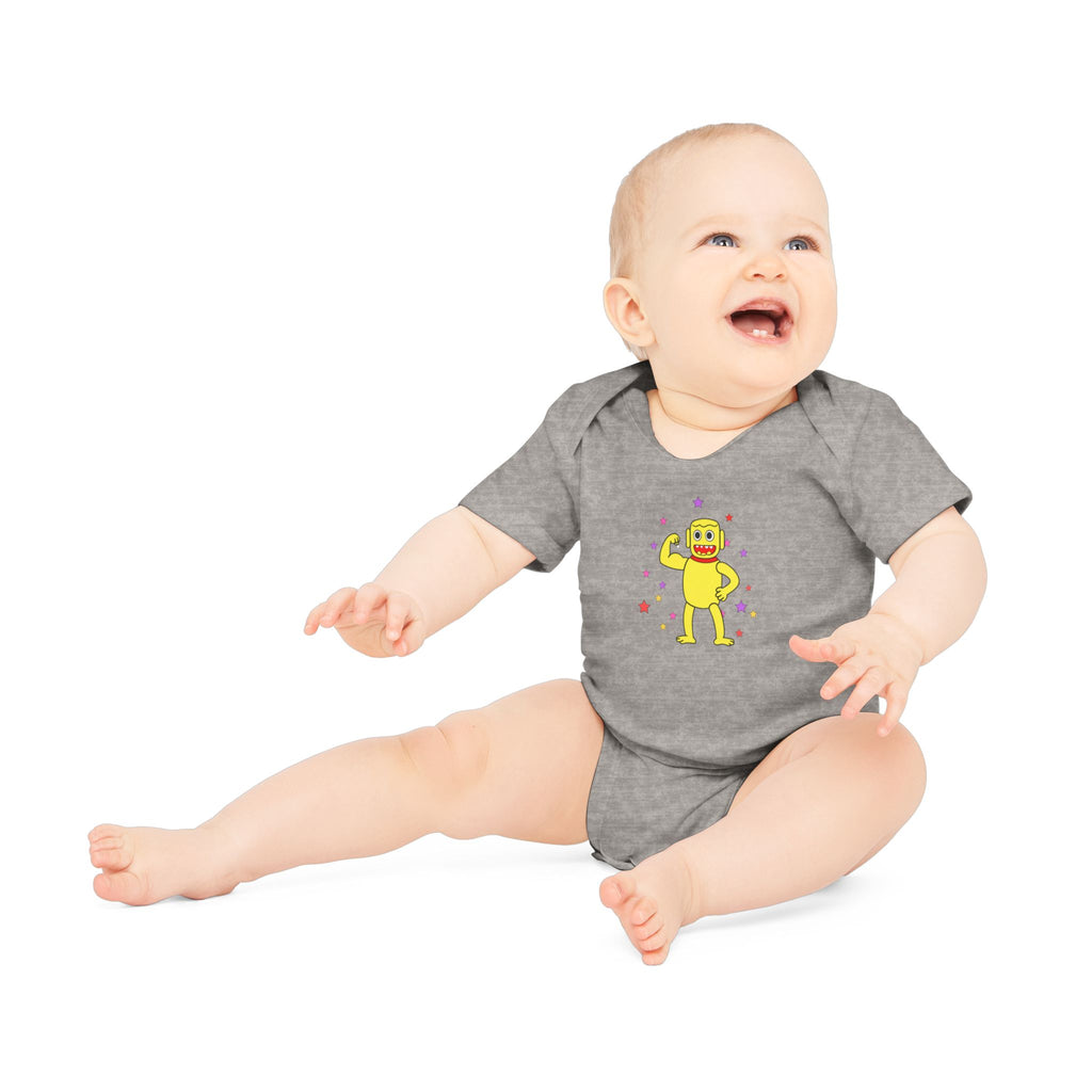Cute Yellow Robot Baby Bodysuit — Organic Short Sleeve Onesie