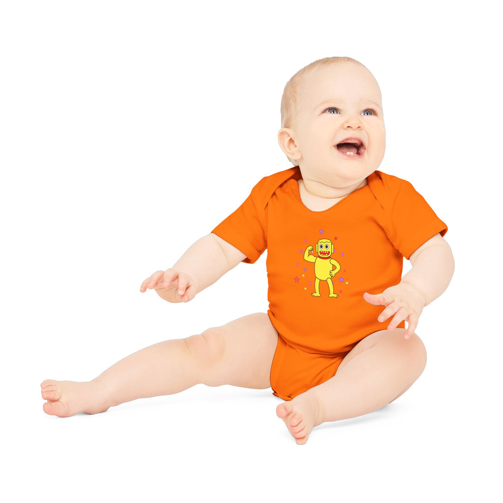 Cute Yellow Robot Baby Bodysuit — Organic Short Sleeve Onesie