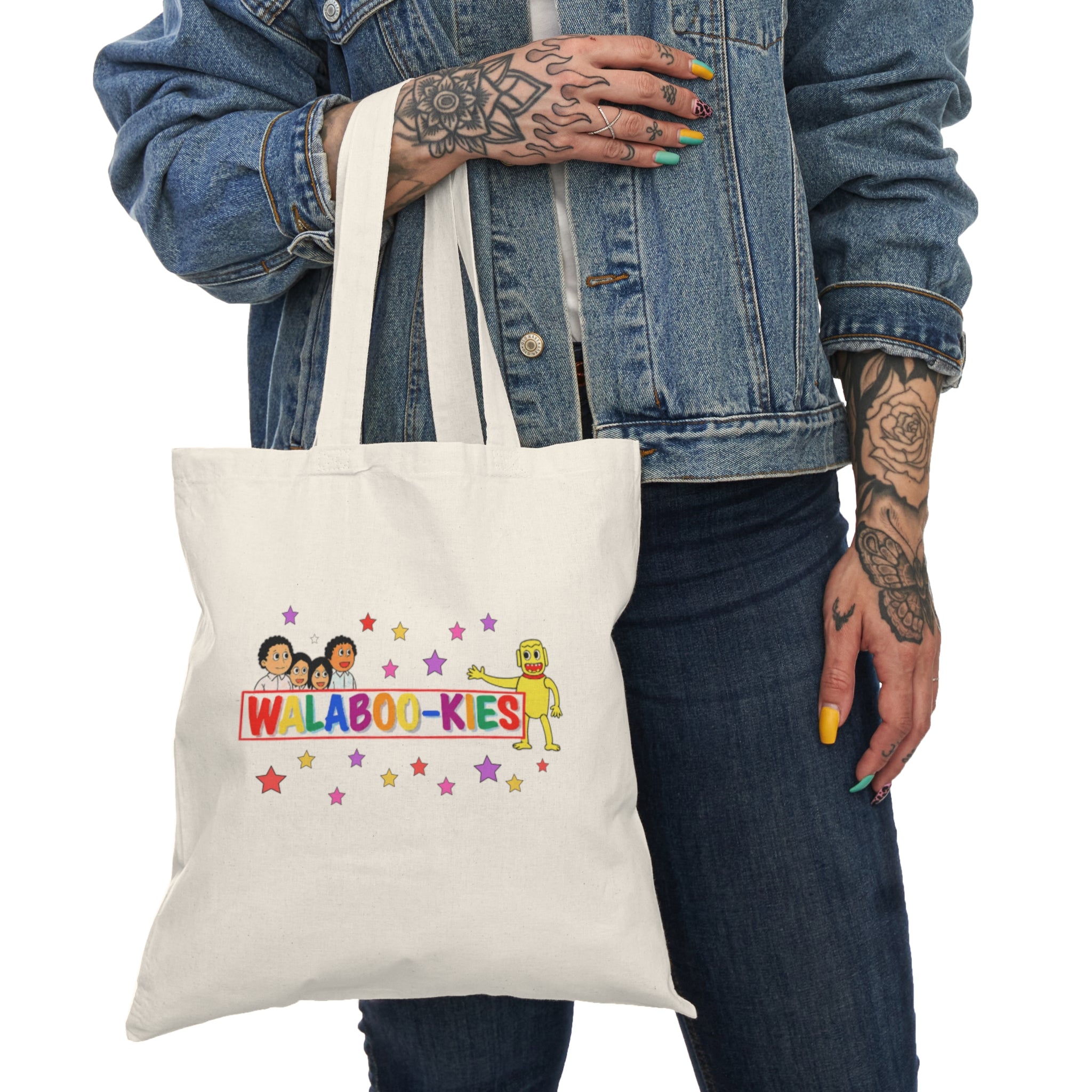 Tote Bag - Colorful "Walaboo-kes" Kids Character Tote | Playful Star-Pattern Reusable Shopper